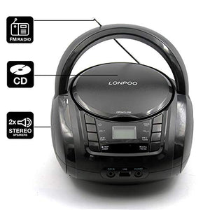 LONPOO Radio Portatili Boombox, Lettore CD MP3 con USB, AUX Nero