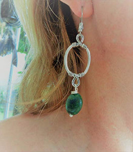 ✿ LONG OVAL & GREEN ROUND STONE ✿ Orecchini etnici con ganci lunghi decorati