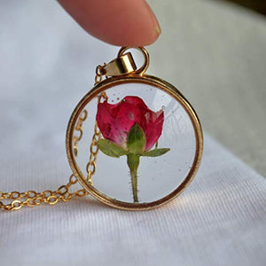 Rosso Rosa Vero Fiori Trasparente Bicchiere Pendente Catena Placcato Oro 18k... - Ilgrandebazar