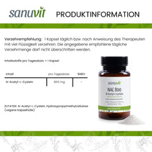 Carica l&#39;immagine nel visualizzatore di Gallery, Sanuvit® - NAC 800 mg per capsula, 180 capsule, dosaggio elevato, N-acetil-L-cisteina, elevata biodisponibilità e compatibilità, vegano, prodotto in Austria
