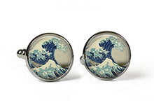 Carica l&#39;immagine nel visualizzatore di Gallery, The GREAT WAVE Hokusai - Glass Picture Cufflinks – Silver Plated - Ilgrandebazar