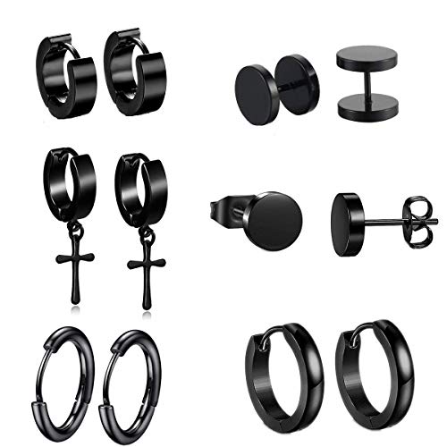 Orecchini da Uomo Donna in Acciaio Inossidabile a Cerchio Nero Huggie Negro-6