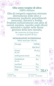 Olio Extravergine di Oliva Italiano, Cultivar CORATINA, (3 L), Made 3 Litri