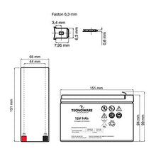 Carica l'immagine nel visualizzatore di Gallery, Tecnoware Batteria Ermetica al Piombo 9Ah, per UPS, Video 15 x 9.4 x 6.5 cm