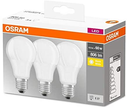 Osram LED Base Classic A Lampadina E27, 8.5W, 60 W, Luce Bianco Caldo, Confezione con 3 pezzi