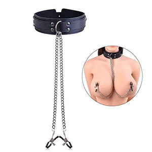 SexReaper Pinze a Catena con Collare in Pelle Regolabile