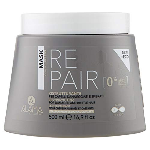 Alama Professional Repair Maschera Ristrutturante e Protettiva per Capelli Danneggiati e Sfibrati, Formula con Cheratina, Trattamento Tonificante e Ristrutturante, 90% Ingredienti Naturali, 500ml