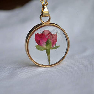 Rosso Rosa Vero Fiori Trasparente Bicchiere Pendente Catena Placcato Oro 18k... - Ilgrandebazar