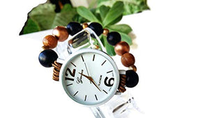 Orologio da polso donna elasticizzato Bracciale perle Legno Bianco Nero... - Ilgrandebazar