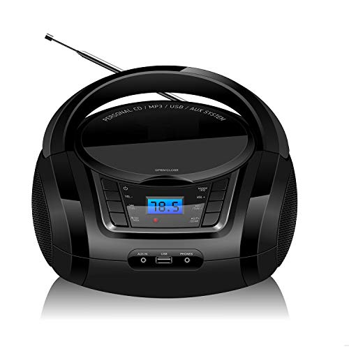 LONPOO Radio Portatili Boombox, Lettore CD MP3 con USB, AUX Nero