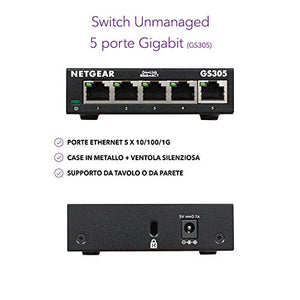 Netgear GS305 Switch Ethernet 5 porte, Gigabit desktop, hub ethernet...