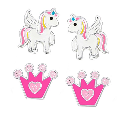 SL – Silver 2 paia di orecchini per bambini a forma unicorno e Pink-pink
