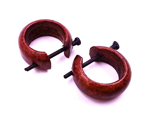 MADE IN ZEN, Orecchini a Cerchio, in Legno, Finto Dilatatore, Colore: Marrone - Ilgrandebazar