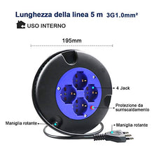 Carica l'immagine nel visualizzatore di Gallery, EXTRASTAR Prolunga Elettrica con Avvolgicavo 5 mt,4 Prese Polivalenti 5 metri