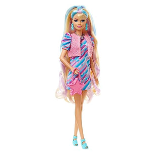Barbie - Super Chioma Bambola con abito a stelle, capelli fantasia lunghi 21,6cm, 15 accessori alla moda - 8 con effetto cambia colore, Giocattolo per Bambini 3+ Anni, HCM88