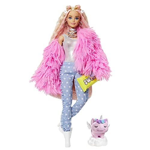 Barbie Extra n.3 - Bambola Snodata con Pelliccia Rosa e Maialino-Unicorno - 15 Accessori - Look Fashion con Ciocche Rossa - Regalo per Bambini 3+ Anni, GRN28