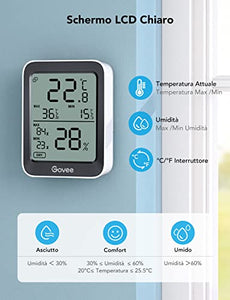 Govee Termometro Igrometro, Accurato Misuratore Interna con Intelligenti avvisi App e Dati Conservazioni Sensore di Monitoraggio Digitale LCD Bluetooth per Camera Serra Garage Cantina di Vini