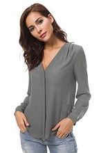 Carica l'immagine nel visualizzatore di Gallery, Urban GoCo Donne Camicette Manica Lunga Pieghe Chiffon con Scollo V S, Grigio - Ilgrandebazar