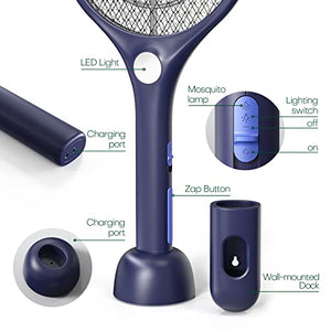 CONOPU Racchetta Zanzare Elettrica, 4000V Zanzare Elettrico, USB Base di Ricarica, Ricaricabile antizanzare, LED, 3 Strati Protezione Maglia, Antizanzare, Efficace Contro Zanzare, Blu