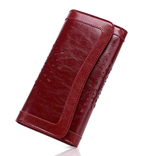 Portafoglio Pelle Donna, OURBAG Portafogli Donna Grandi, Bloccaggio Rosso