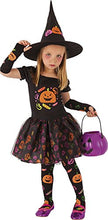 Carica l'immagine nel visualizzatore di Gallery, Rubies Costume da Strega Candy per bambina, Abito da strega con maniche, calze e cappello con disegni di zucca stampati, Originale di Rubies, Ideale per Halloween, carnevale e compleanni