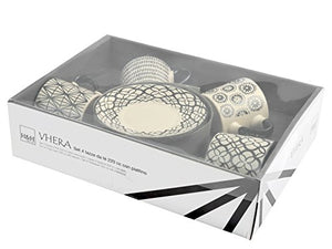 H&H Vhera Set 4 Tazze Tè con Piatto, Stoneware, Bianco/Nero, 220 ml - Ilgrandebazar