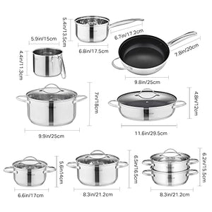 Velaze, Miki, 14 Pezzi, Set di Pentole Induzione da Cucina, Batteria Pentole Chef Casseruola in Acciaio Inox Cromato Coperchio in Vetro Temperato Padelle Antiaderente per Piastre a Induzione Argento