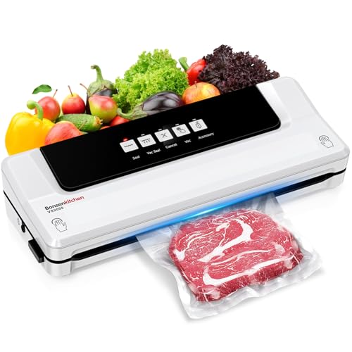 Bonsenkitchen Macchina per Sottovuoto Alimenti, Macchina per Sottovuoto per Alimenti Freschi e Secchi, Vuoto Esterno, Bianco VS2000
