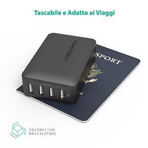 RAVPower - Caricatore da Muro RAVPower, 4 Porte USB (40W/8A Max, 2.4A Nero - Ilgrandebazar