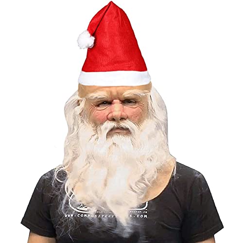 MUOIVG Maschera Babbo Natale, Natale Babbo Maschera Latex Santa Claus, Christmas barba Rosso Cappello for Xmas Costume, Masquerade, Cosplay, Babbo Natale Maschera Uomo per Adulti