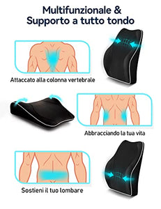 Travel Ease Cuscino Lombare Ergonomico, Supporto per la Schiena in Schiuma di Memoria per Seggiolino Auto Sedia da Ufficio, Schienale con Rivestimento Antistatico e Doppie Cinghie Regolabili, Nero