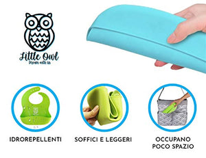 ❤️ Little Owl Bavaglini Silicone Impermeabili con Tasca Celeste/Verde