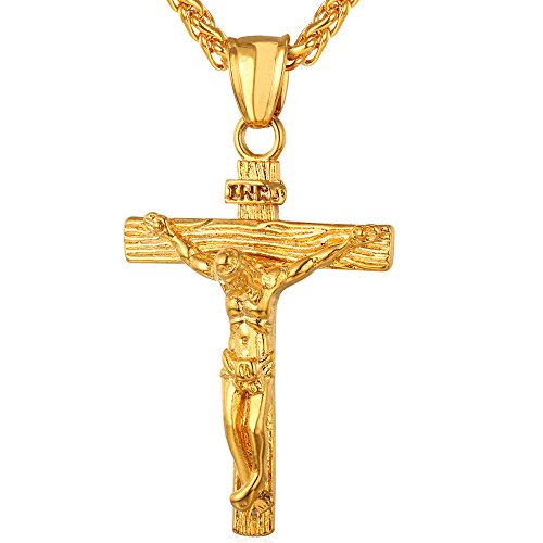 U7 Collana Pendente Crocifissa Cindolo Croce Gesù INRI 01 Oro + Catena Grano - Ilgrandebazar