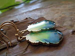 ✿ FOGLIA ORO SMALTO - ✿ orecchini piuma di pavone verde - blu -...