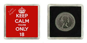 Portafortuna con moneta da 6 pence, scritta in inglese: Keep Calm,...