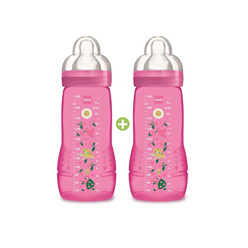 MAM Biberon Seconda Età colorato, 330 ml, da 6 Mesi, Set di 2, Rosa - Ilgrandebazar