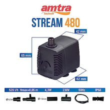 Carica l&#39;immagine nel visualizzatore di Gallery, Amtra Stream 480 - Pompa per acquario ad immersione, silenziosa, portata d&#39;acqua regolabile, 480 lt/h - 4,3W - 230v, Piccola Pompa Aspira Acqua per Fontanella Gatti, Presepe, idroponica