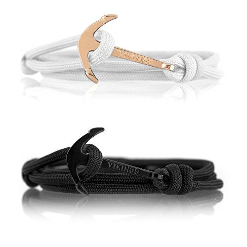 Vikings, set di 2 bracciali in nylon con ancora acciaio inox, Bianco Nero - Ilgrandebazar