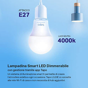 TP-Link Tapo L520E Lampadina Wi-Fi E27, Monitoraggio Energia, Funziona con Amazon Alexa e Google Home, Luce Diurna e Dimmerabile Dall'1% al 100%, 4000 K, 806 Lumen, 8W, Telecomando con APP, Bianco