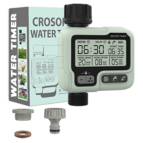 CROSOFMI Centralina Irrigazione Giardino Timer Irrigazione Automatico Programmatore Irrigazione /IPX5 Impermeabile/Ritardo Pioggia/Modalità di Irrigazione Manuale/Funzione di Blocco Bambini