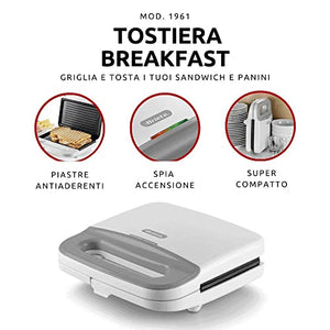Ariete Tostiera Breakfast 1961, Piastra Elettrica per Toast, Piastra per Panini e Sandwich, Piastre Fisse Grill con Rivestimento Antiaderente, Conservazione Verticale, 750W, Bianco