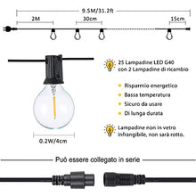 Carica l'immagine nel visualizzatore di Gallery, Zorela Catena Luminosa Esterno, 9.5M/30Ft G40 Luci da Esterno Giardino con 25+2 G40 LED Lampadine Infrangibile, Catena Luci Esterno Impermeabile IP44 per Natale, Giardino, Gazebo, Feste, Matrimonio