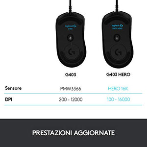 Logitech G403 HERO 16K, mouse gaming, LIGHTSYNC RGB, leggero 87 g + 10 g...