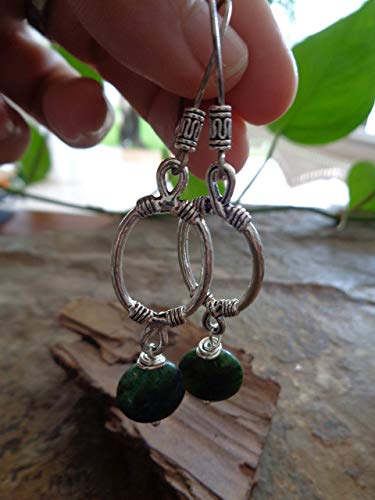 ✿ LONG OVAL & GREEN ROUND STONE ✿ Orecchini etnici con ganci lunghi decorati