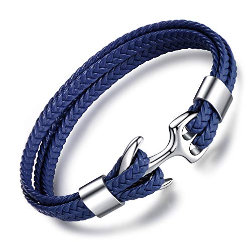 MicLee - Bracciale da Uomo con Ancora, in Vera Pelle, Realizzato a Mano, Blu - Ilgrandebazar