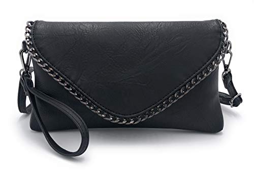 ELIOX - Pochette Donna Elegante con Catena e Tracolla in Morbida Pelle Nero