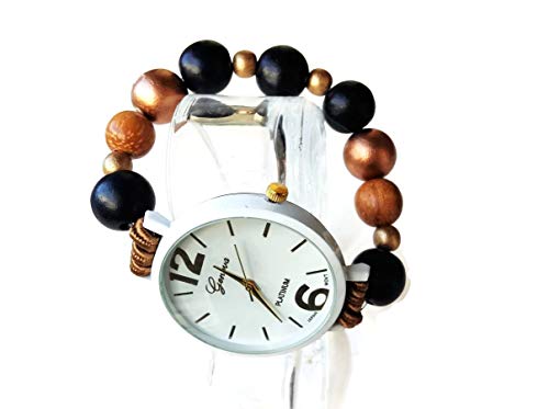 Orologio da polso donna elasticizzato Bracciale perle Legno Bianco Nero... - Ilgrandebazar