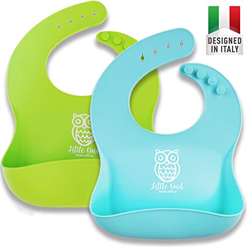 ❤️ Little Owl Bavaglini Silicone Impermeabili con Tasca Celeste/Verde