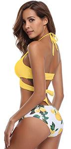 SHEKINI Costumi da Bagno Donne Due Pezzi Capestro Bendare Foglie di M, Giallo