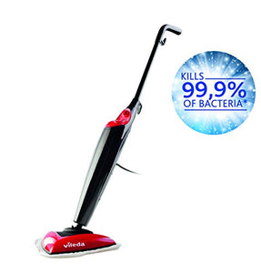 Vileda Steam Scopa a Vapore con 2 Panni in Microfibra, Filo di 6 m, per Pavimenti, per Parquet, per Tappeti, 1550 W, 0.4 Litri, Plastica, Nero/Rosso
